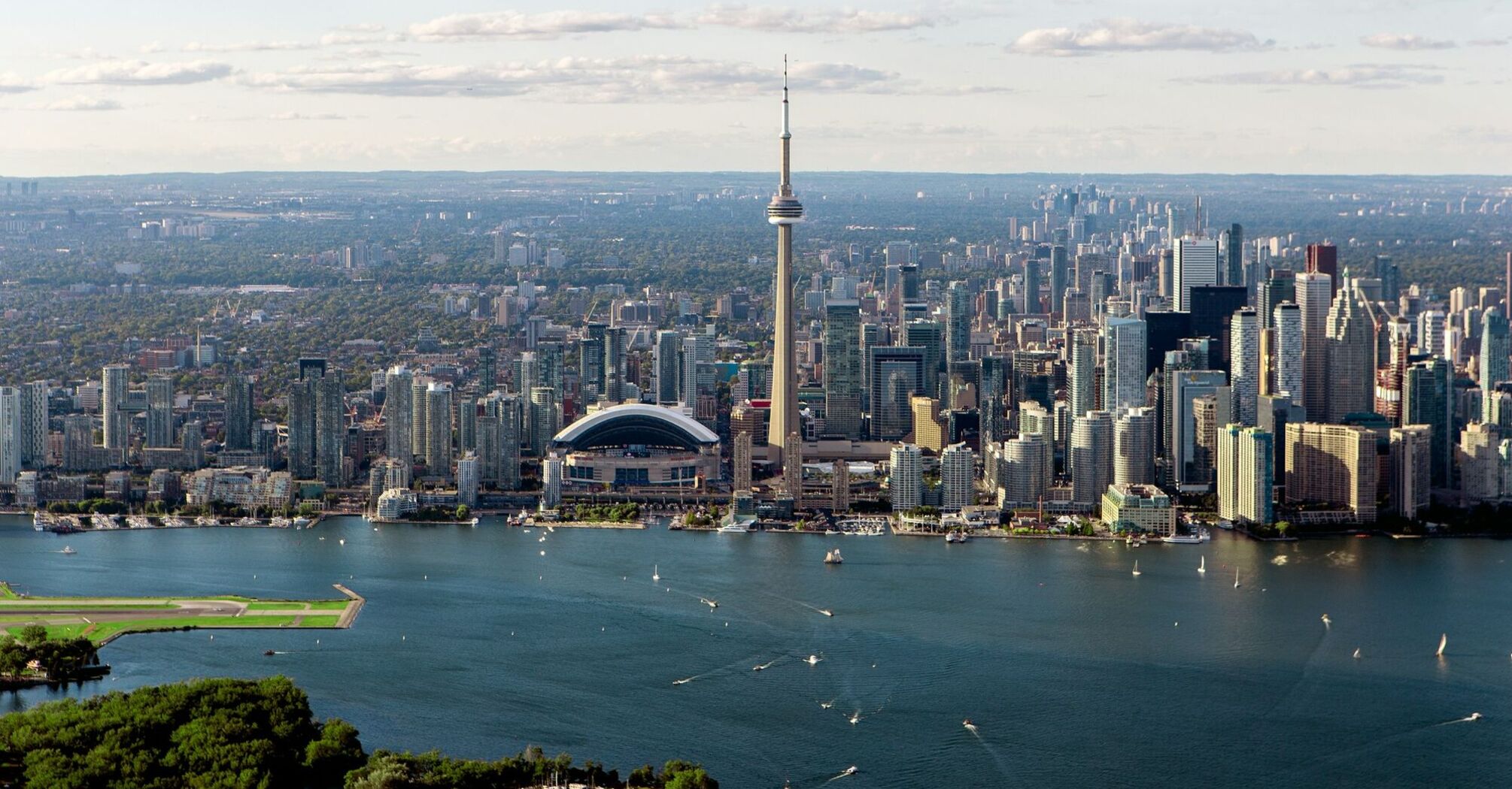 Toronto skyline with CN Tower and waterfront viewed from above