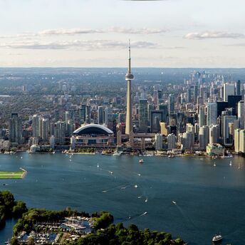 Toronto skyline with CN Tower and waterfront viewed from above