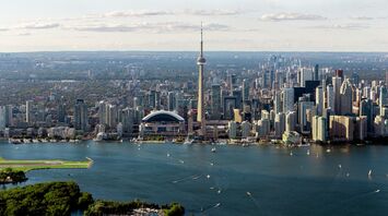Toronto skyline with CN Tower and waterfront viewed from above