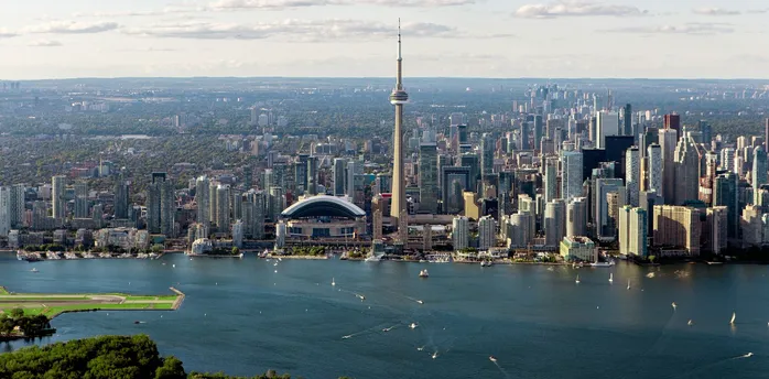 Toronto skyline with CN Tower and waterfront viewed from above