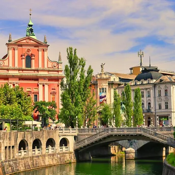 Ljubljana city centre with the Ljubljanica River and historic buildings