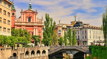 Ljubljana city centre with the Ljubljanica River and historic buildings