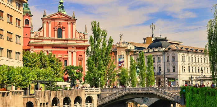 Ljubljana city centre with the Ljubljanica River and historic buildings