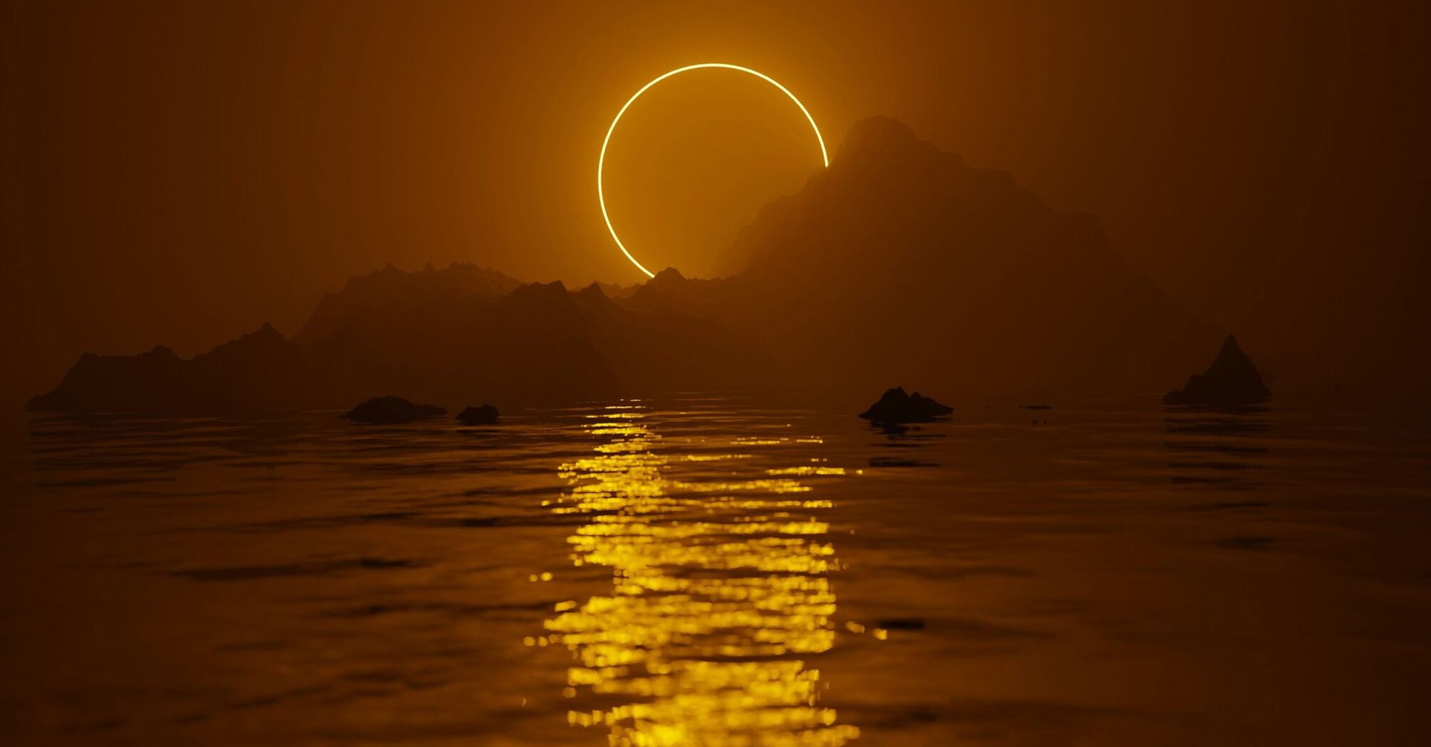 Solar eclipse glowing above the sea and distant mountains