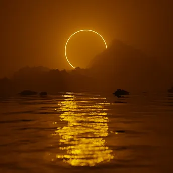 Solar eclipse glowing above the sea and distant mountains