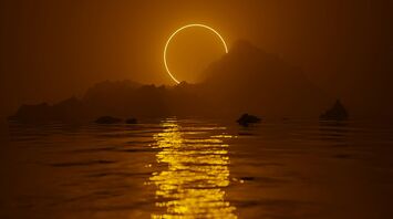 Solar eclipse glowing above the sea and distant mountains