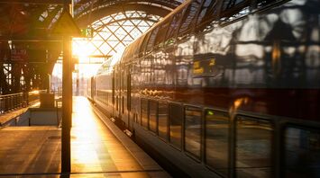 Double-decker train at a railway station during sunset