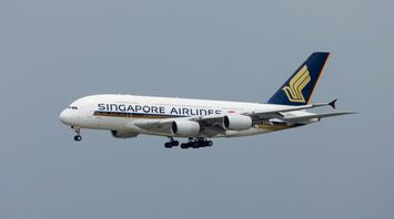 Singapore Airlines aircraft flying against a grey sky