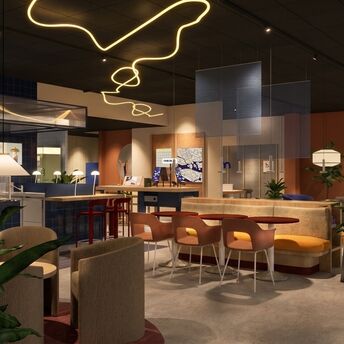 Interior rendering of the planned Scandic Go underground hotel in Stockholm