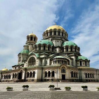 Alexander Nevsky Cathedral in Sofia under a blue sky