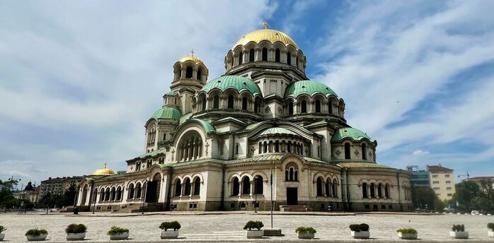 Alexander Nevsky Cathedral in Sofia under a blue sky
