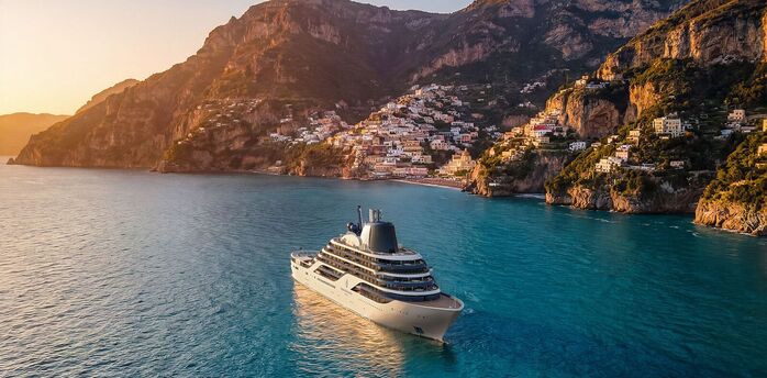 Four Seasons luxury yacht sailing along a coastal cliffside