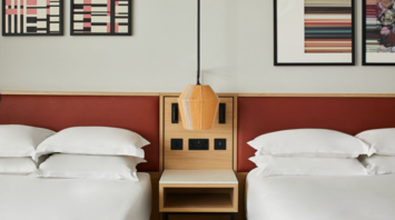 Twin hotel room with modern wall art at Manchester Marriott Piccadilly