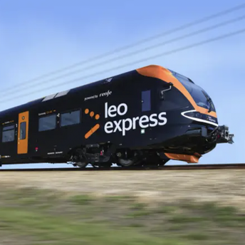 Leo Express train travelling on railway tracks