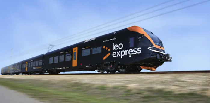Leo Express train travelling on railway tracks