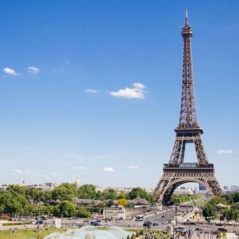Eiffel Tower and gardens in Paris on a clear day