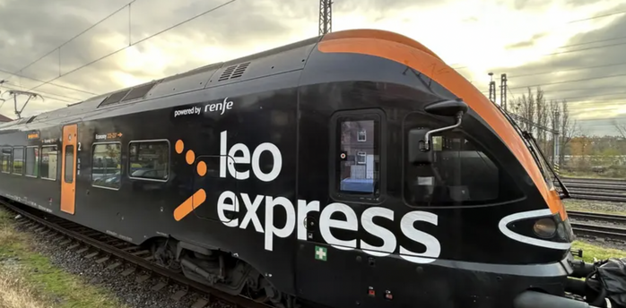 Leo Express train standing on railway tracks
