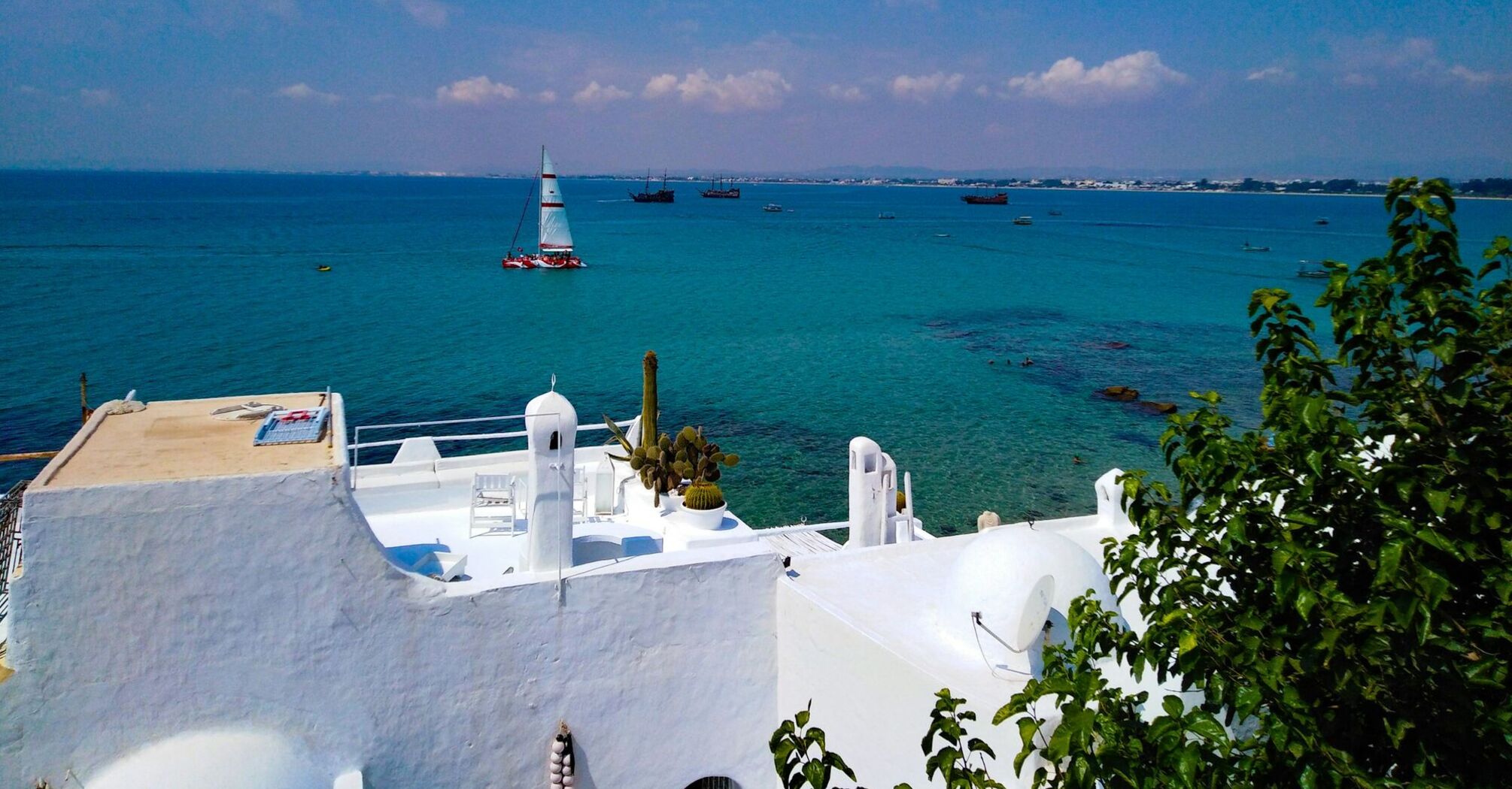 Tunisian coastline with white buildings and blue sea
