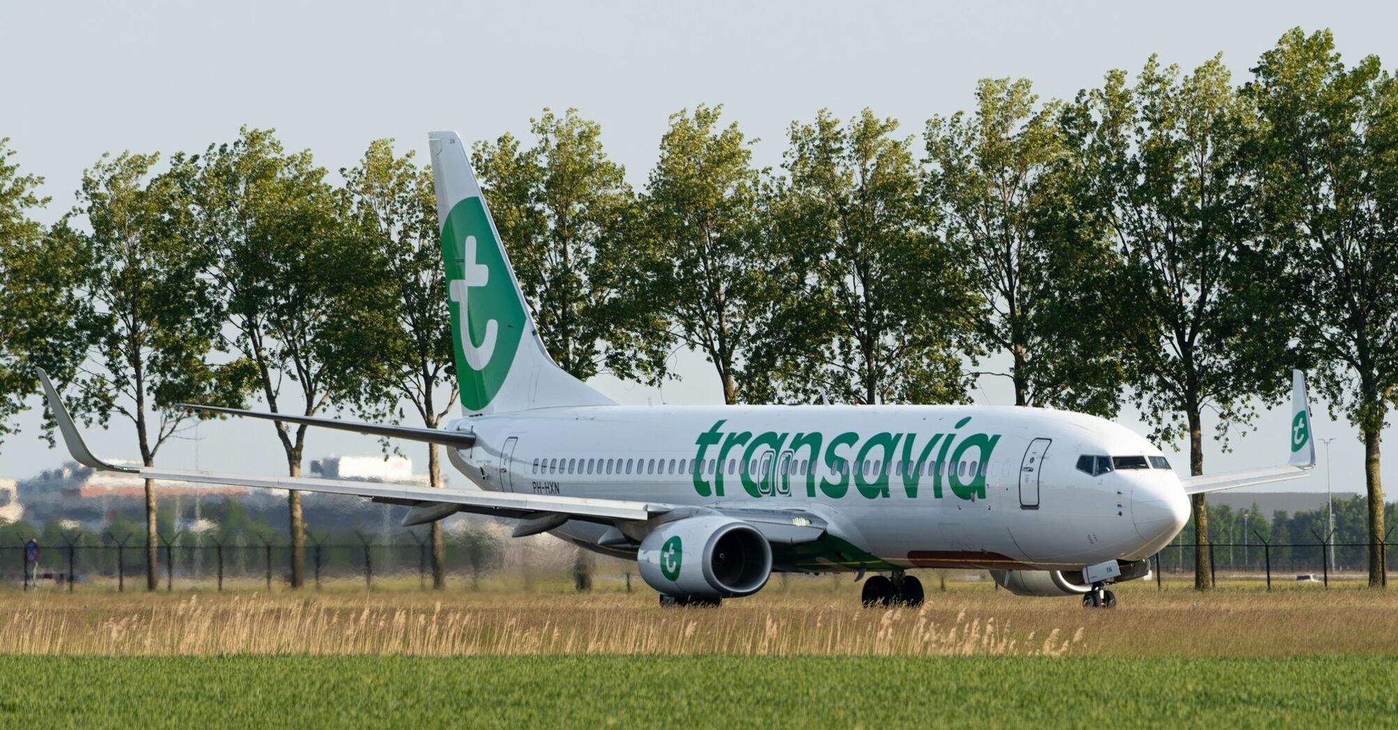 Transavia aircraft taxiing near a runway