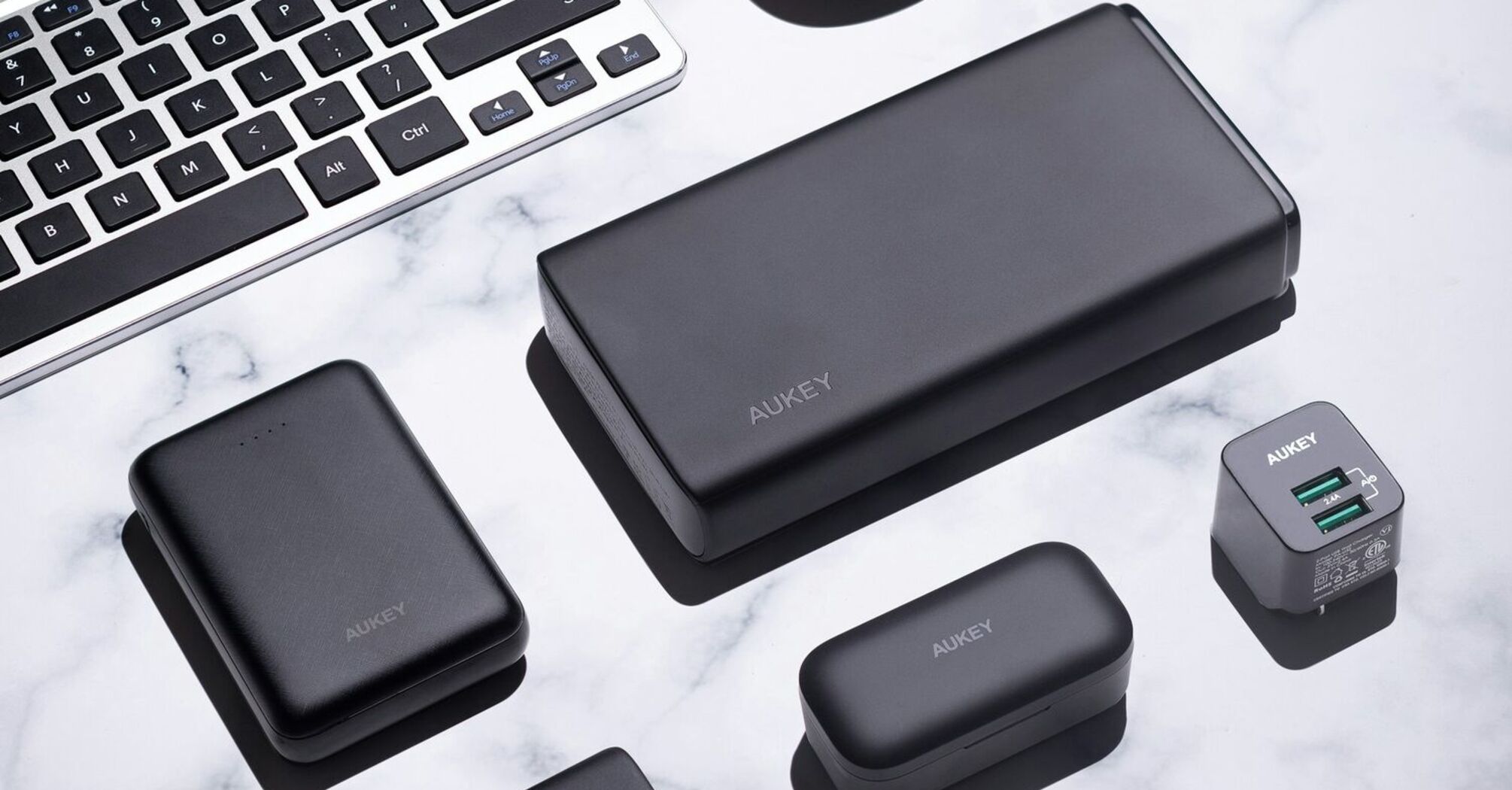 Power banks and electronic accessories arranged on a table