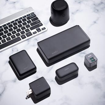 Power banks and electronic accessories arranged on a table