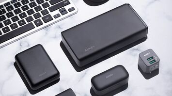 Power banks and electronic accessories arranged on a table