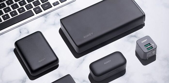 Power banks and electronic accessories arranged on a table
