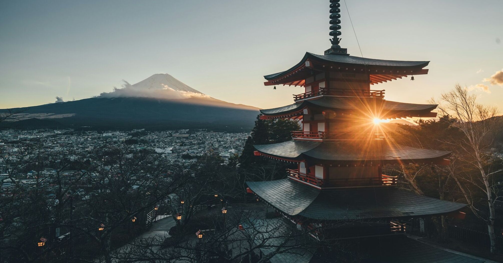 Chureito Pagoda and Mount Fuji at sunrise in Japan