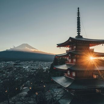 Chureito Pagoda and Mount Fuji at sunrise in Japan
