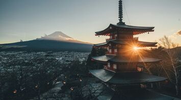 Chureito Pagoda and Mount Fuji at sunrise in Japan