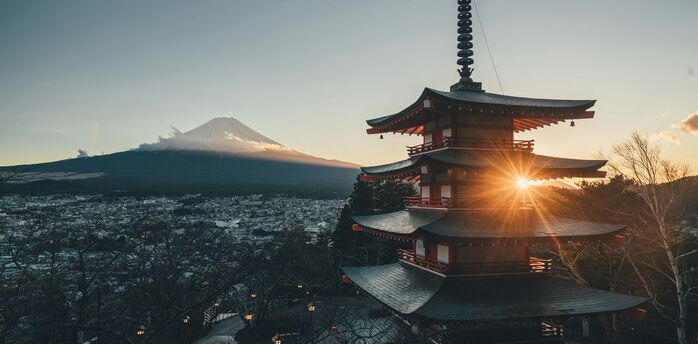 Chureito Pagoda and Mount Fuji at sunrise in Japan