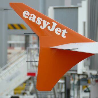 easyJet aircraft tail at an airport gate
