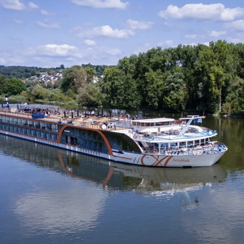 AmaRudi river cruise ship sailing on a European rive