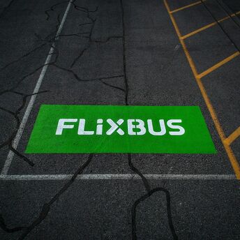 FlixBus logo painted on a marked bus stop area