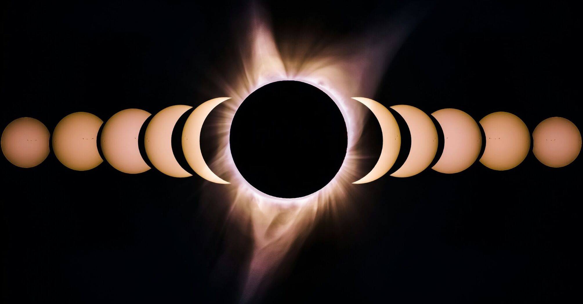 Total solar eclipse sequence against a dark sky