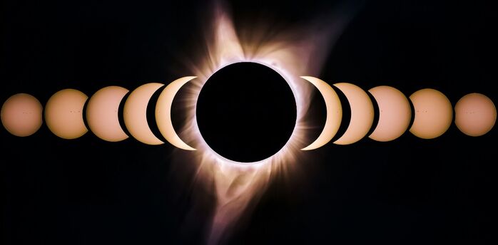 Total solar eclipse sequence against a dark sky