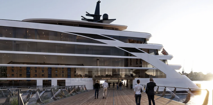 Close-up rendering of Sunborn yacht hotel entrance