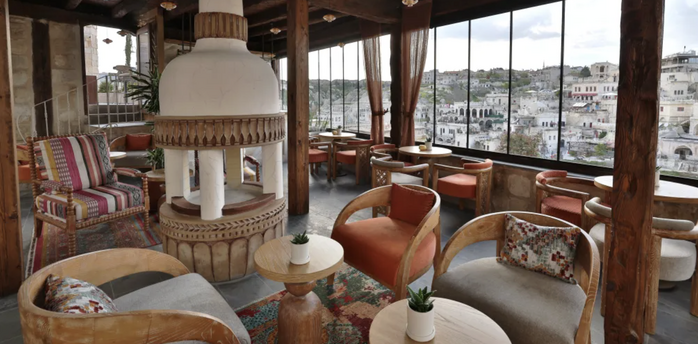 Lounge at Elika Cave Suites Cappadocia with Ortahisar views