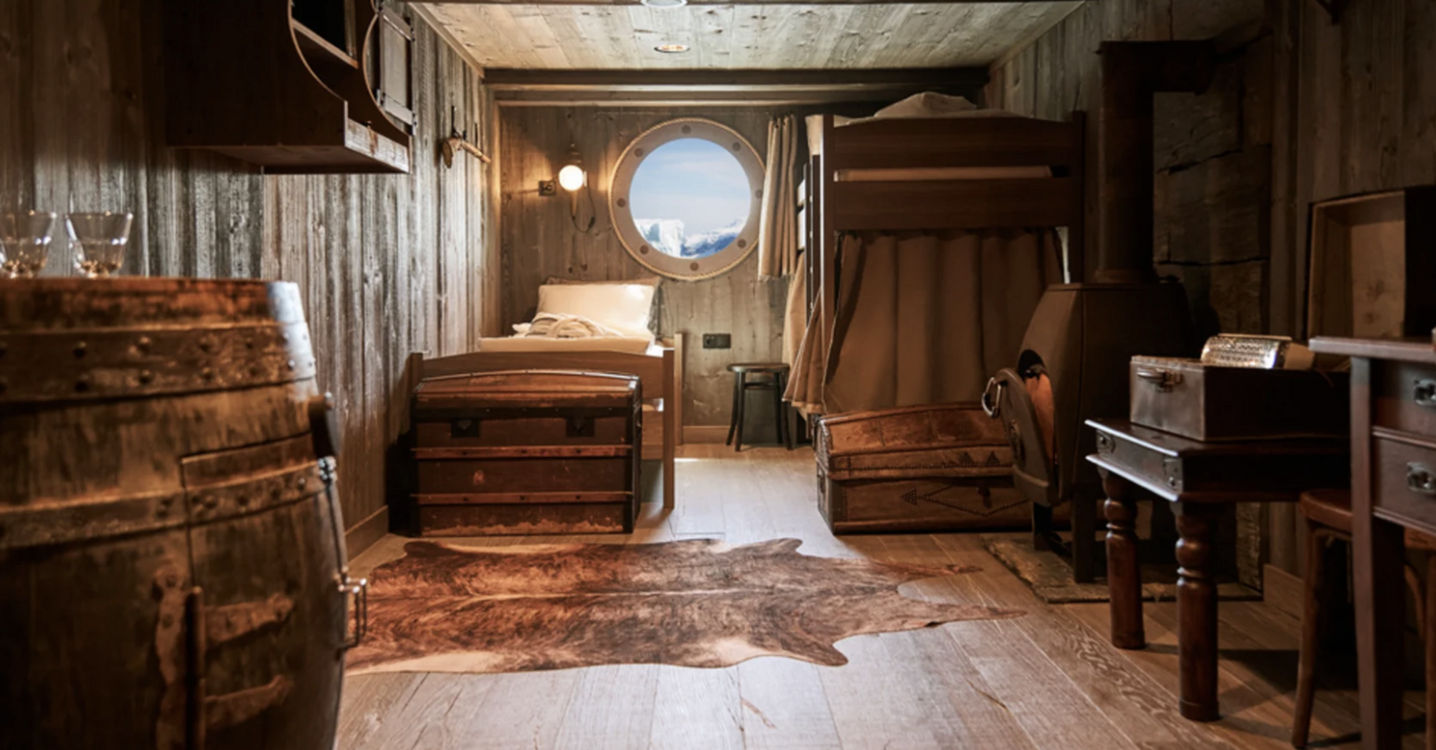 1896 Cabin aboard MS Fridtjof Nansen with wooden explorer-style interiors
