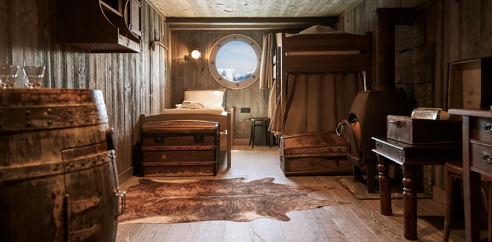 1896 Cabin aboard MS Fridtjof Nansen with wooden explorer-style interiors