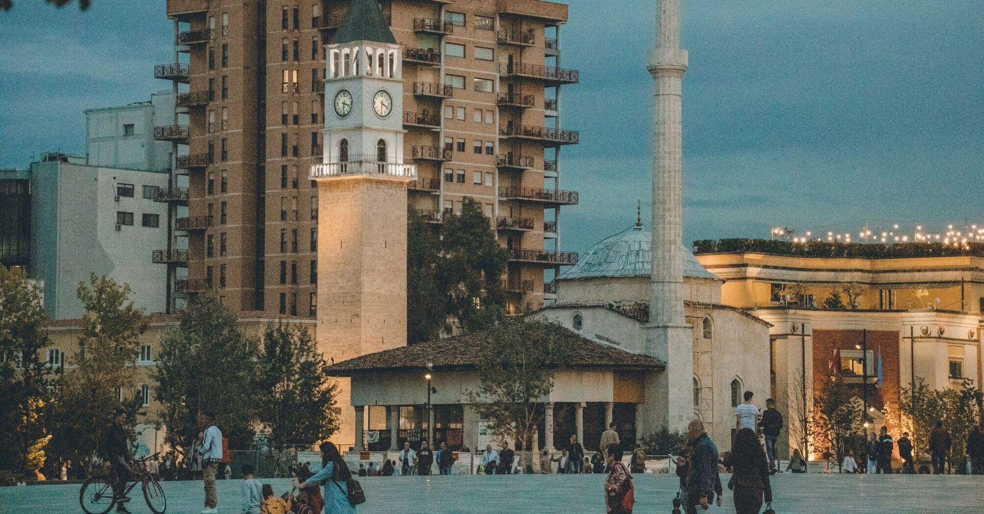 Skanderbeg Square in Tirana at dusk