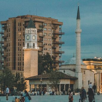 Skanderbeg Square in Tirana at dusk