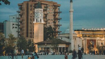 Skanderbeg Square in Tirana at dusk