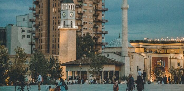 Skanderbeg Square in Tirana at dusk