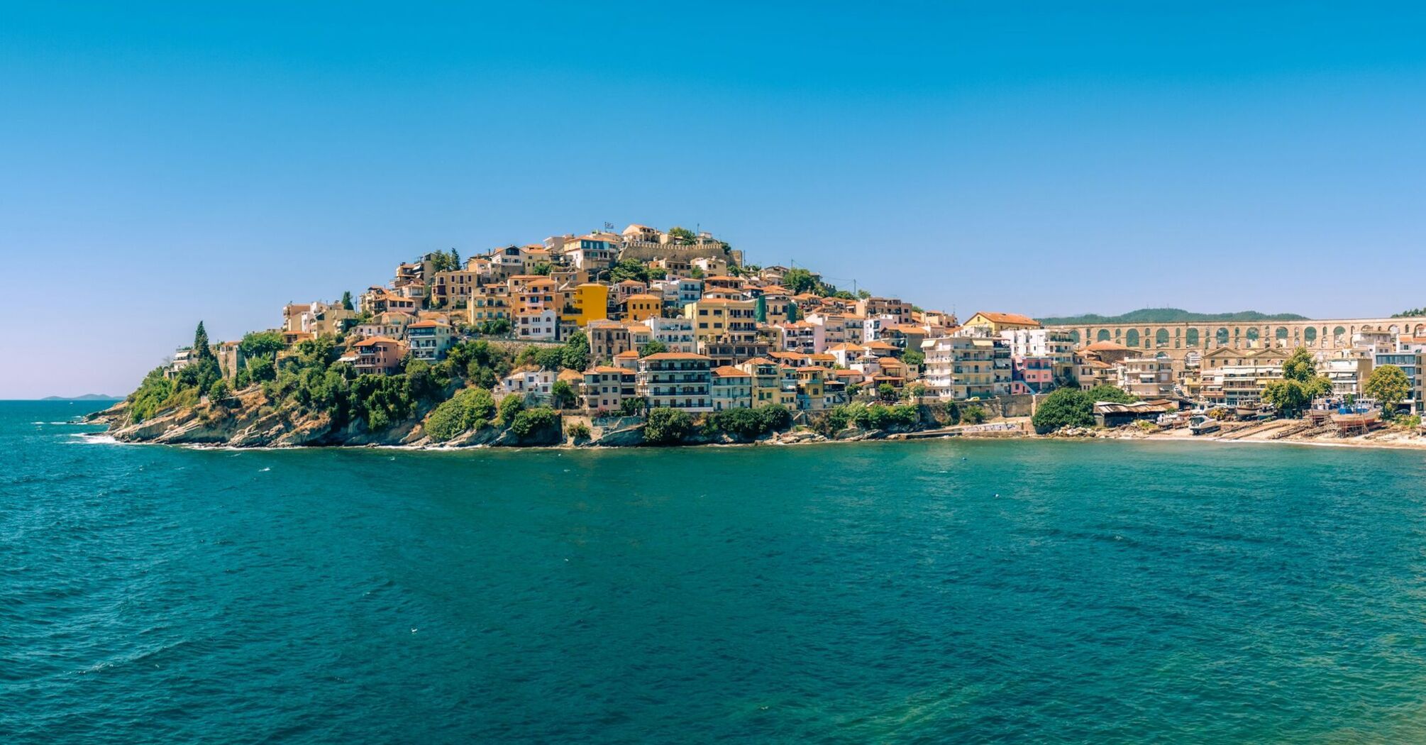 Kavala coastline with old aqueduct and sea