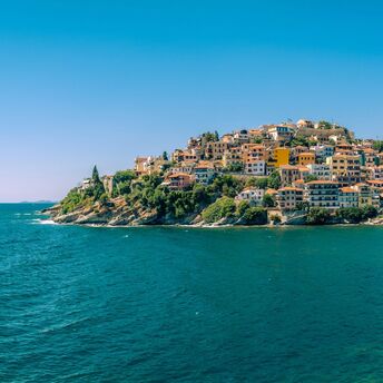 Kavala coastline with old aqueduct and sea