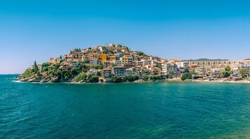 Kavala coastline with old aqueduct and sea