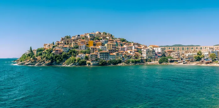 Kavala coastline with old aqueduct and sea