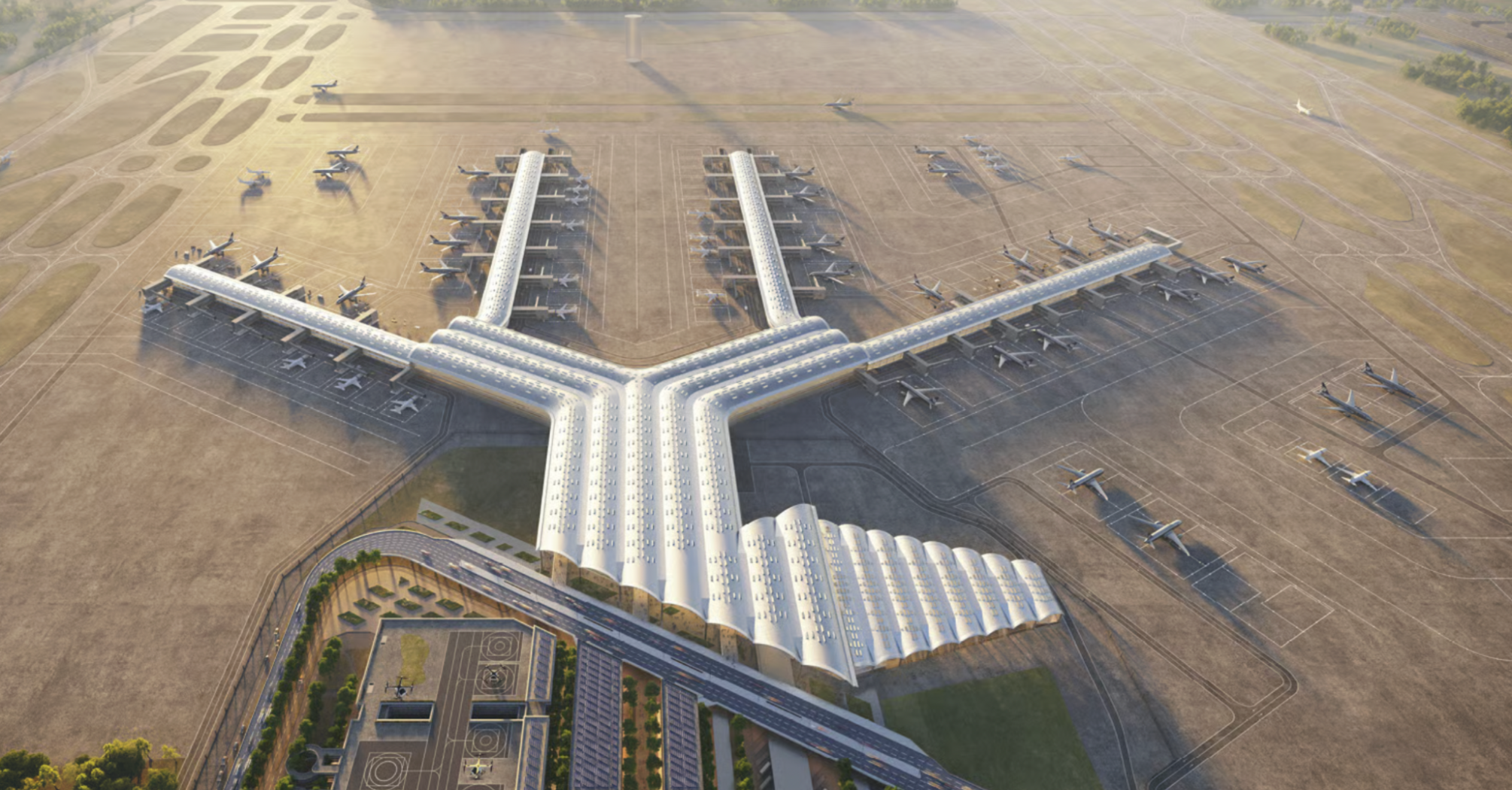 Aerial rendering of the planned Port Polska airport terminal