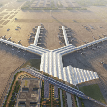 Aerial rendering of the planned Port Polska airport terminal